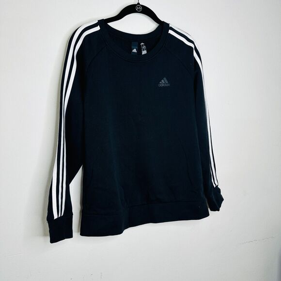 RARE Adidas Black 3-Stripe Fleece Crew Neck Long Sleeve Sweater Rib Cuffs Medium - Picture 3 of 13